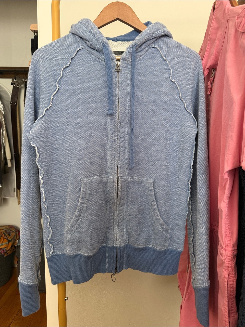 Onassis Light Blue Hooded Zip Sweater. Great quality. Very cozy. S
